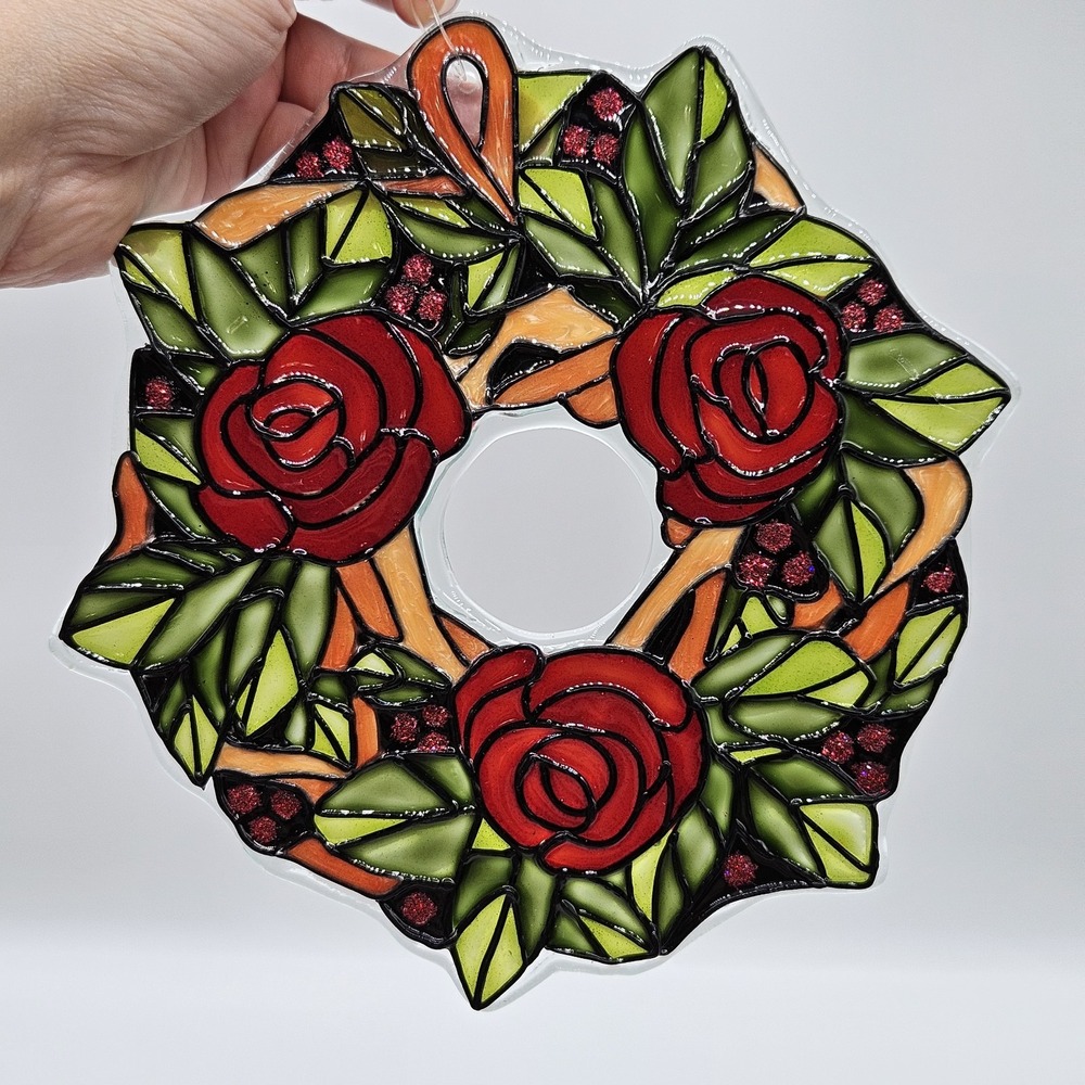 Handmade Rose Wreath Suncatcher 2 Layers Painted Plastic and Glass 7 1/4" READ